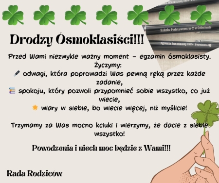 Życzenia dla ÓSMOKLASTÓW od RADY RODZICÓW
