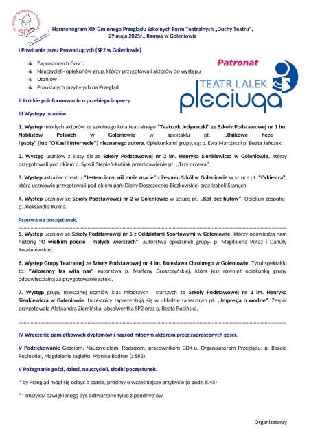 Harmonogram XIX Gminnego Przeglądu Teatralnego Duch Teatru