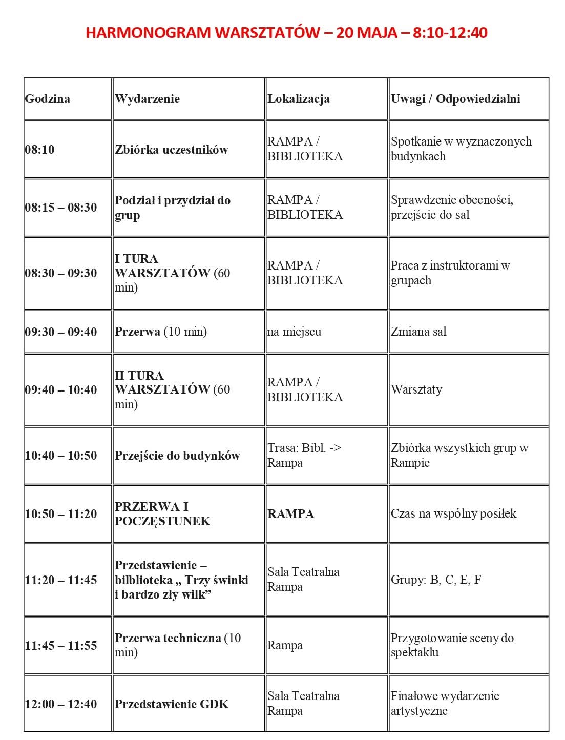 Harmonogram warsztatów