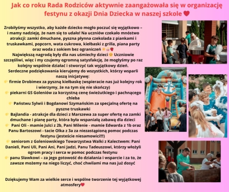 Podziękowania od Rady Rodziców z okazji Dnia Dziecka